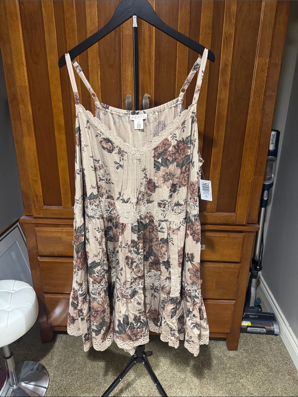 lilac beige Floral Lace-Trim Cami Dress by